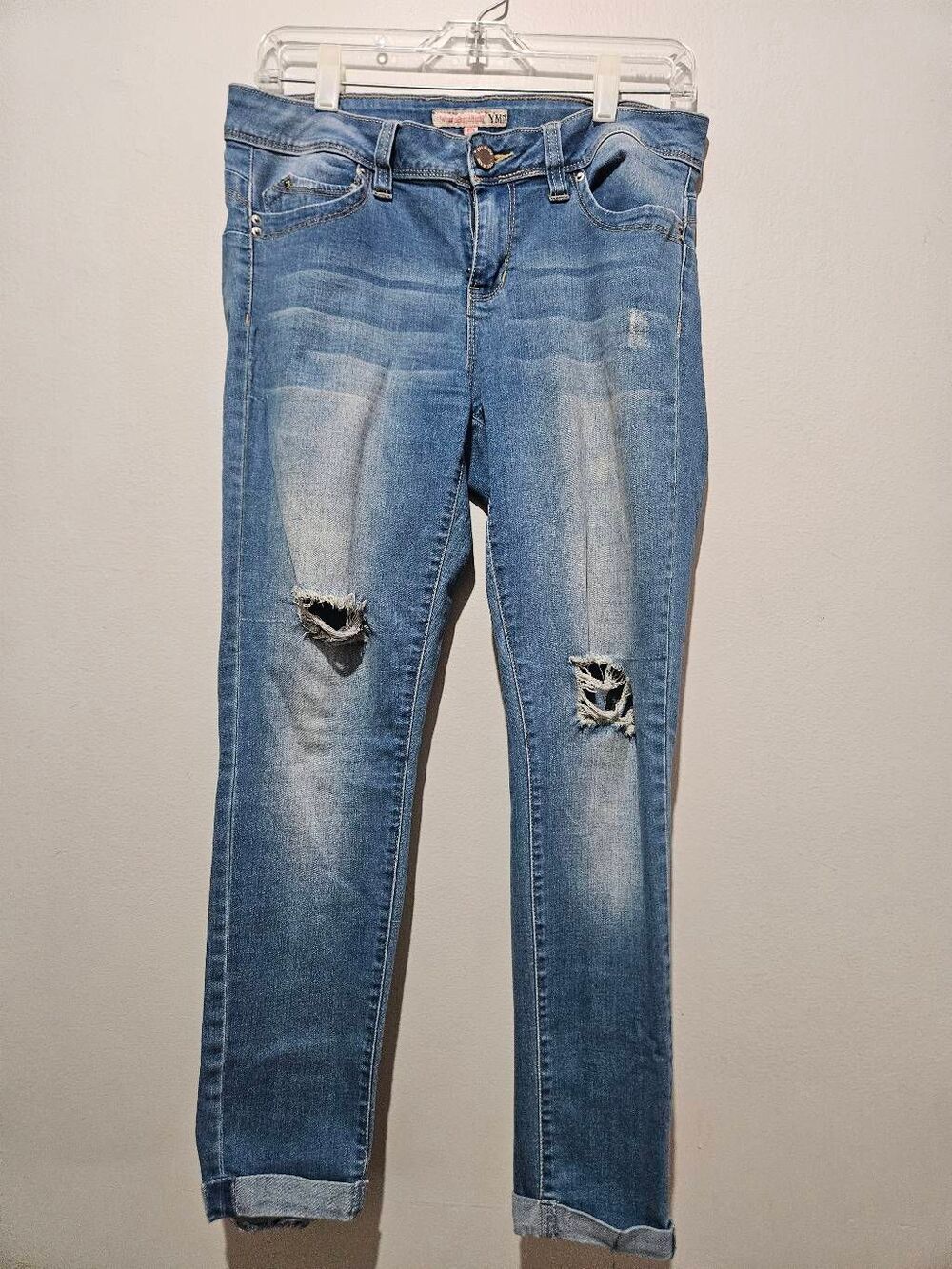 YMI Jeans Women's Medium Denim Ripped Distressed Elastic Waist Light Wash Size 1
